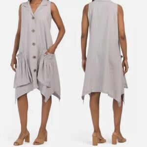 For Cynthia Linen Blend Lagenlook Sleeveless A-Line Shirt Dress L Shark Bite Hem